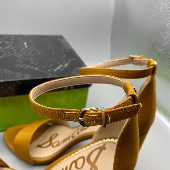 Sam Edelman Sz 10 Mustard Yellow Strappy Block Yaro Heel Satin Wedding Guest - Picture 7 of 9